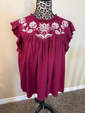 Knox Rose Burgundy Embroidery, Ruffle Sleeve Tunic